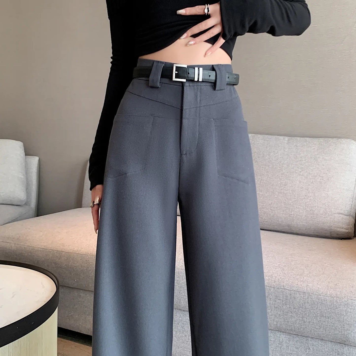 Pantalon large gris taille haute pour femme élégant - SecretBombe