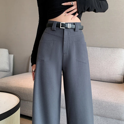 Pantalon large gris taille haute pour femme élégant - SecretBombe