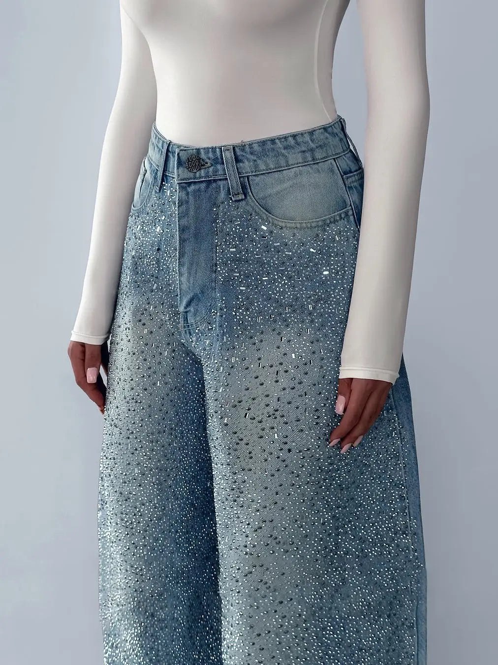 Pantalon jean large avec strass scintillants pour femme SecretBombe