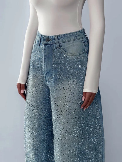 Pantalon jean large avec strass scintillants pour femme SecretBombe