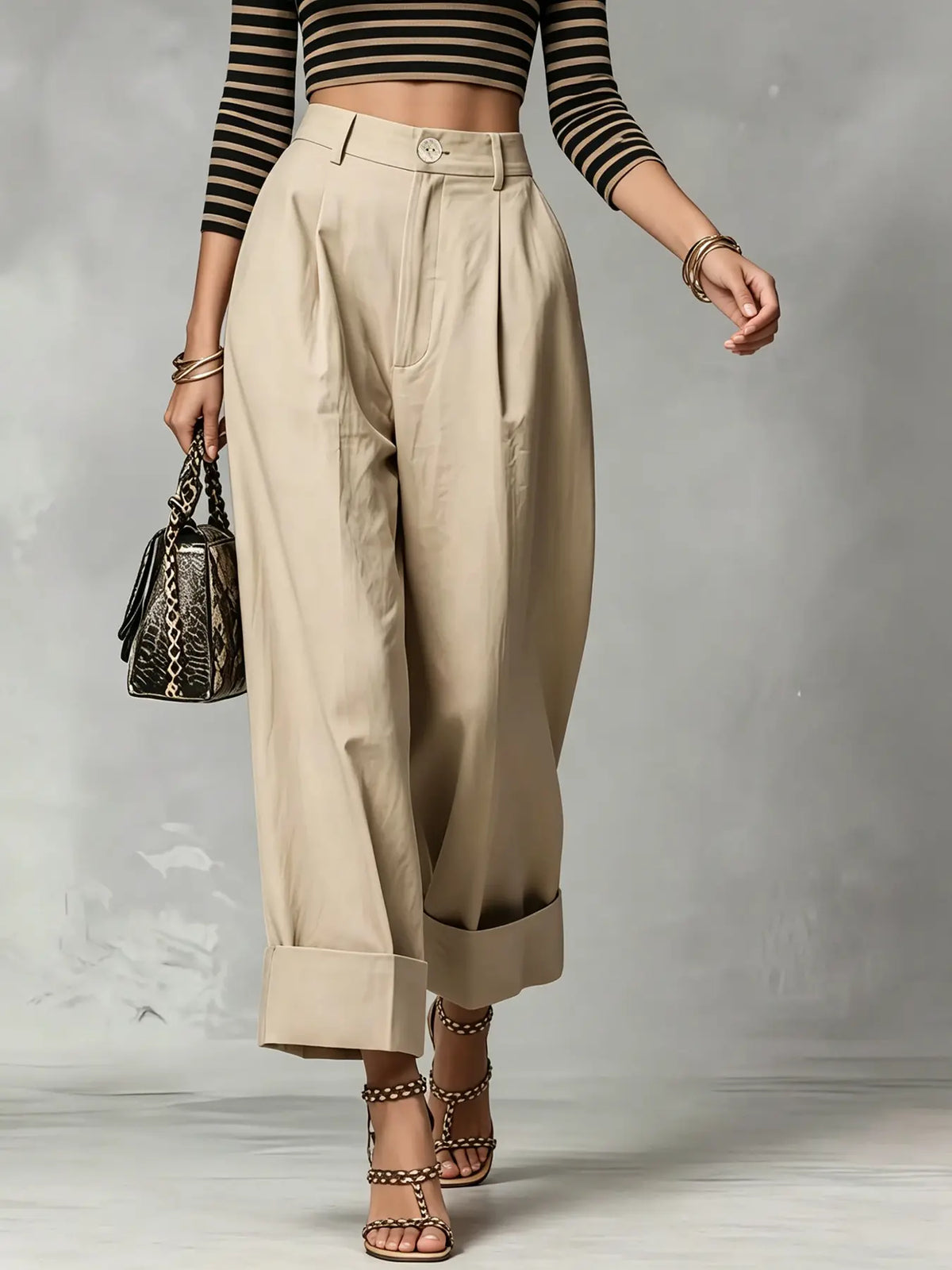 Pantalon large beige femme à taille haute SecretBombe
