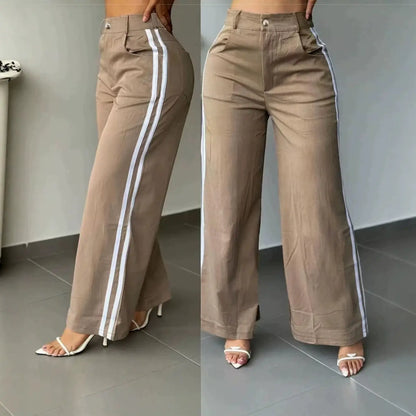 Pantalon large femme beige avec bandes latérales contrastantes SecretBombe
