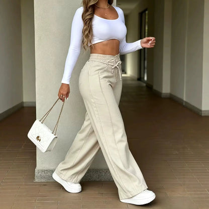 Pantalon large femme beige au style casual SecretBombe