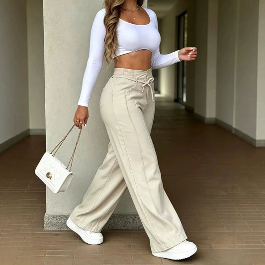 Pantalon large femme beige au style casual SecretBombe