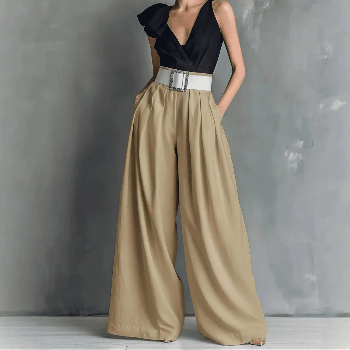 Pantalon palazzo femme beige à jambes larges SecretBombe