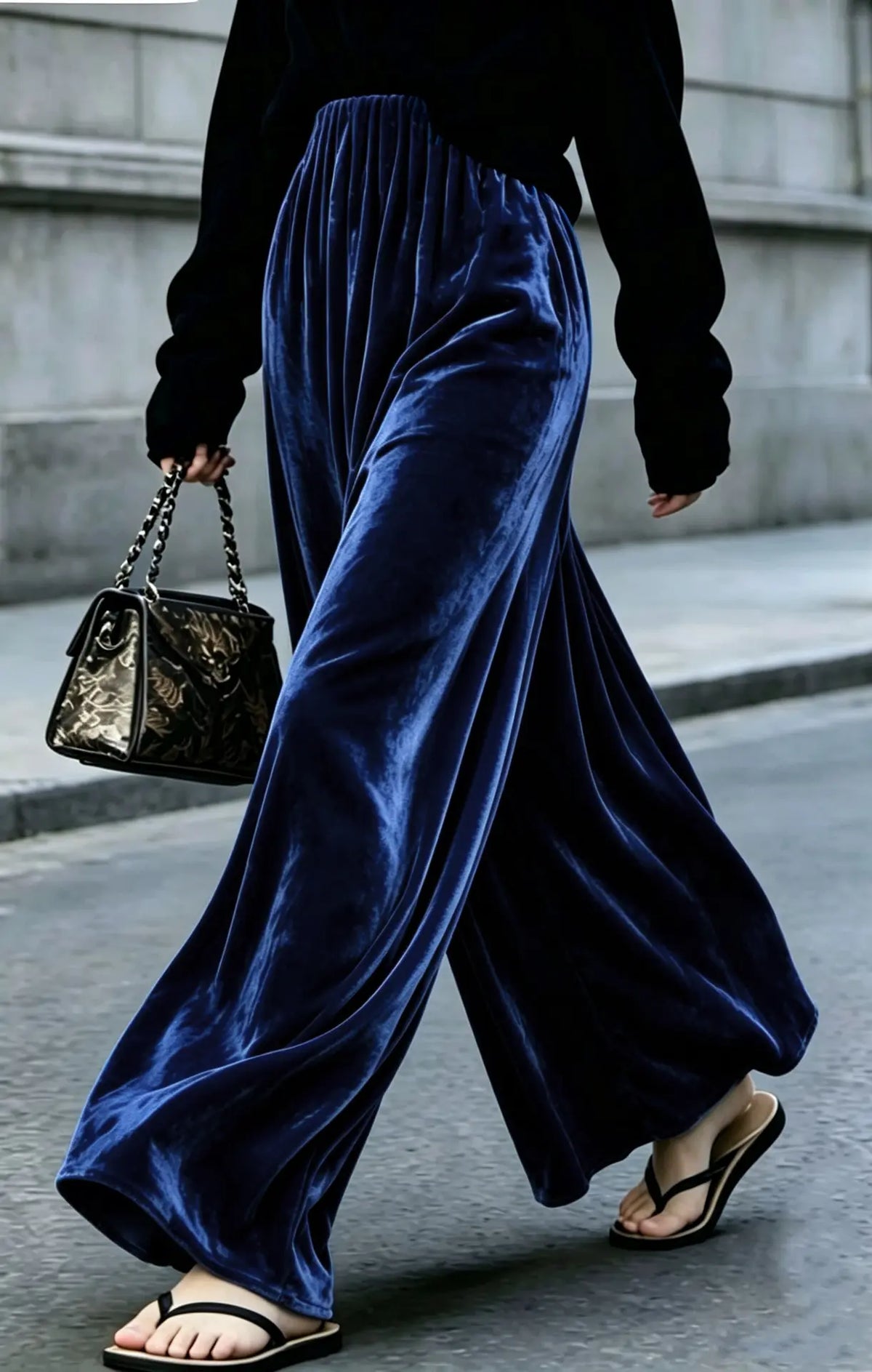 Pantalon large femme bleu marine en velours SecretBombe