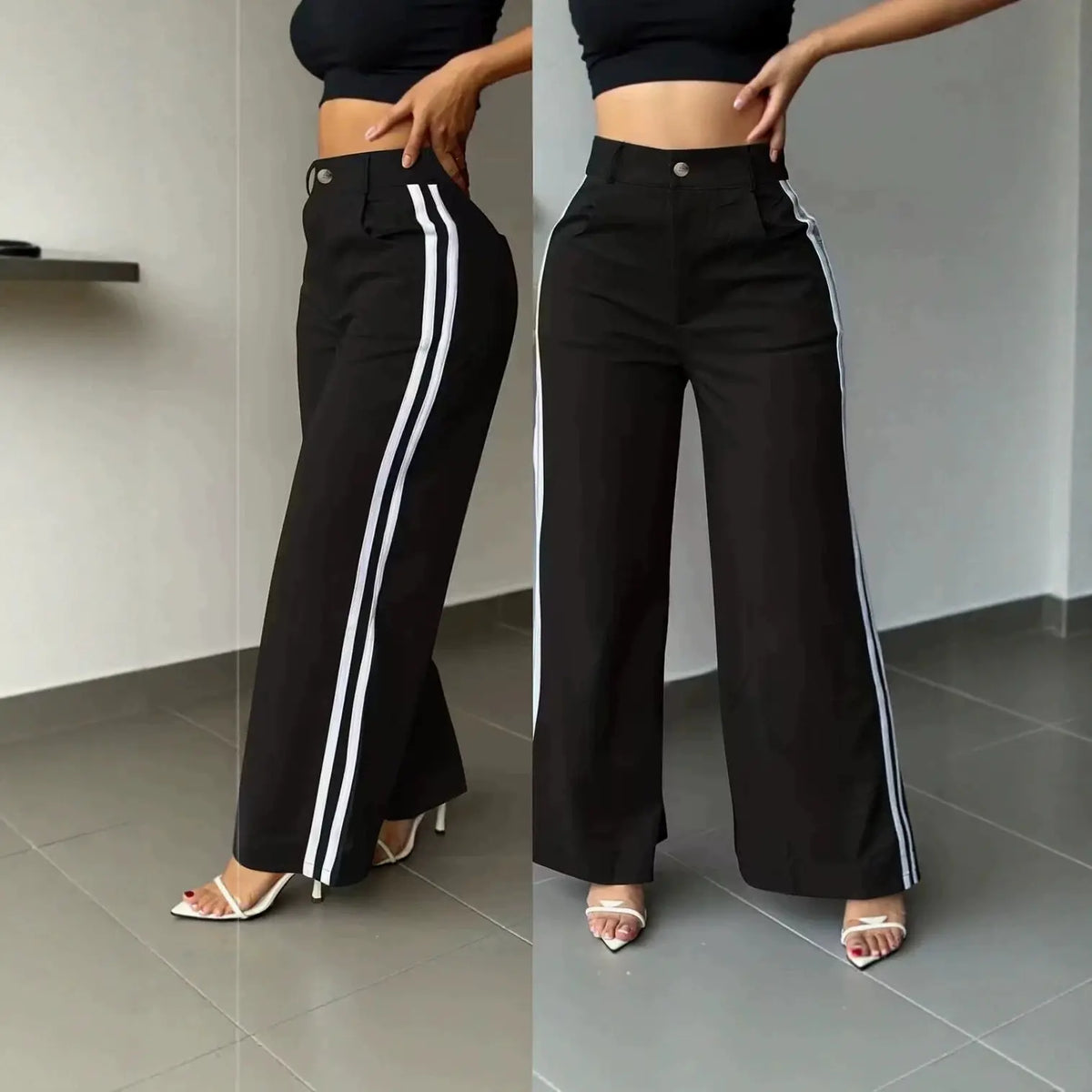Pantalon large femme noir avec bandes blanches latérales SecretBombe
