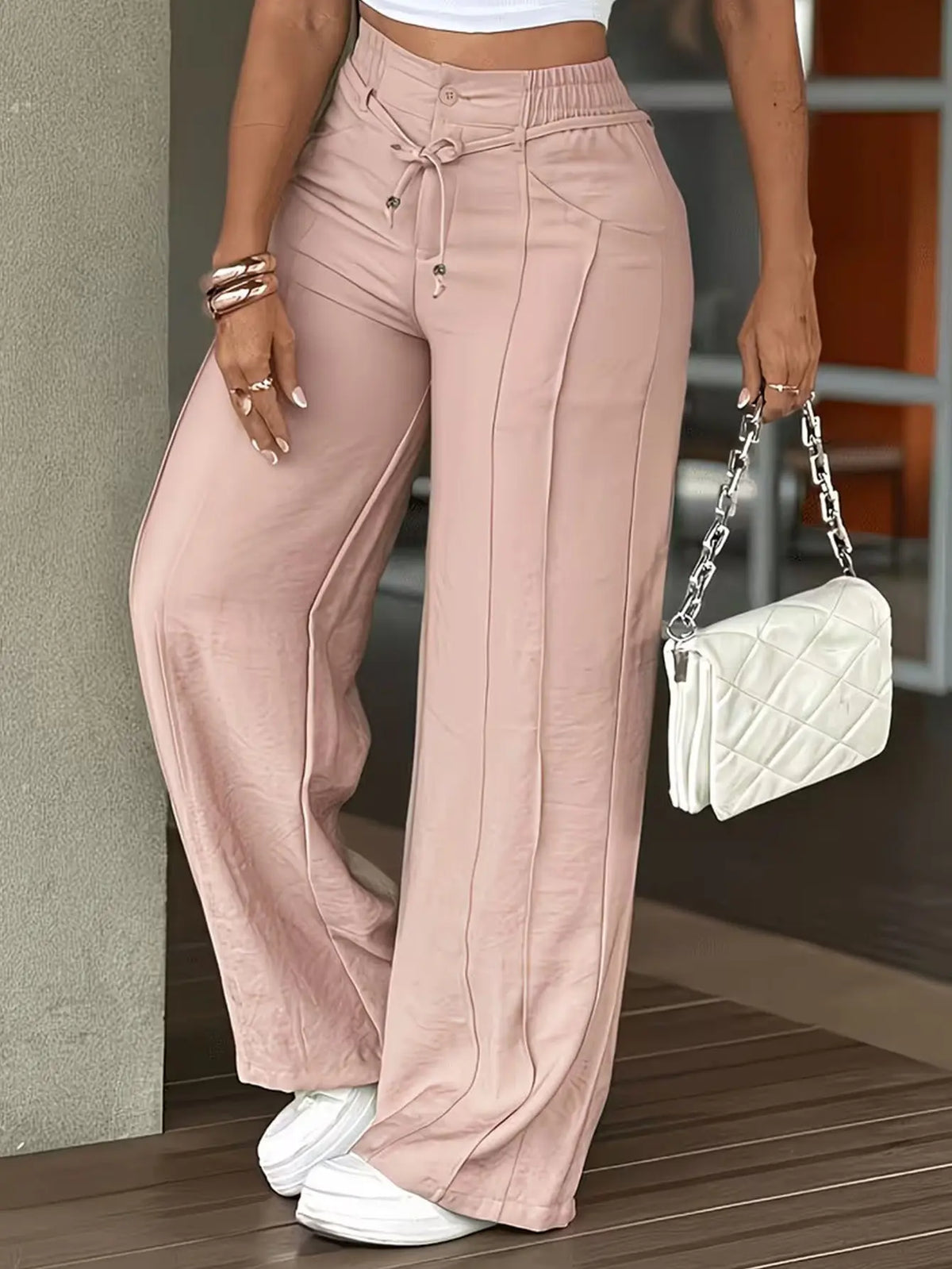 Pantalon large femme rose poudré à taille haute SecretBombe