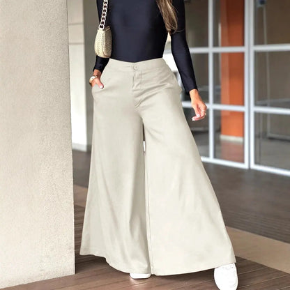 Pantalon large femme taille haute blanc cassé coupe fluide chic