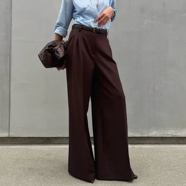 Pantalon large femme taille haute marron foncé élégant