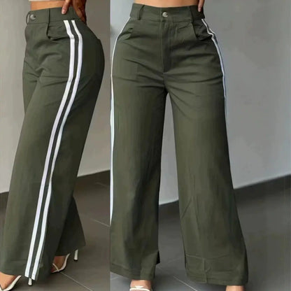 Pantalon large femme vert/kaki avec bandes blanches latérales SecretBombe