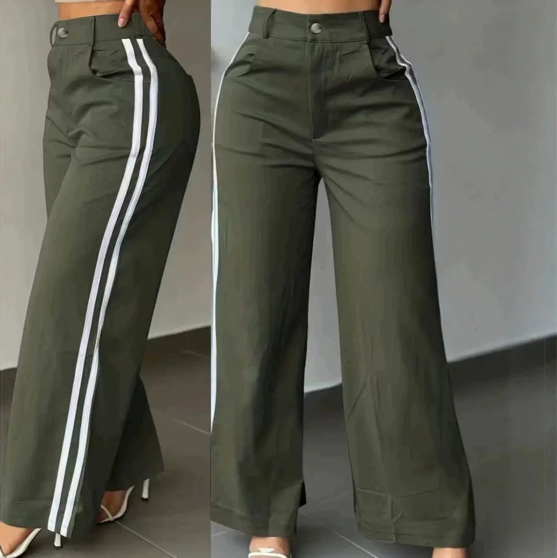 Pantalon large femme vert/kaki avec bandes blanches latérales SecretBombe