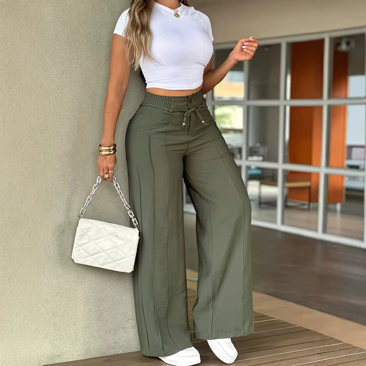 Pantalon palazzo femme kaki à jambes larges SecretBombe
