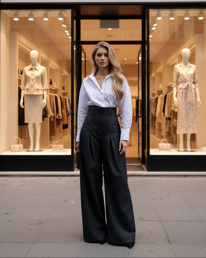 Pantalon long en denim pour femme, coupe fluide et structurée