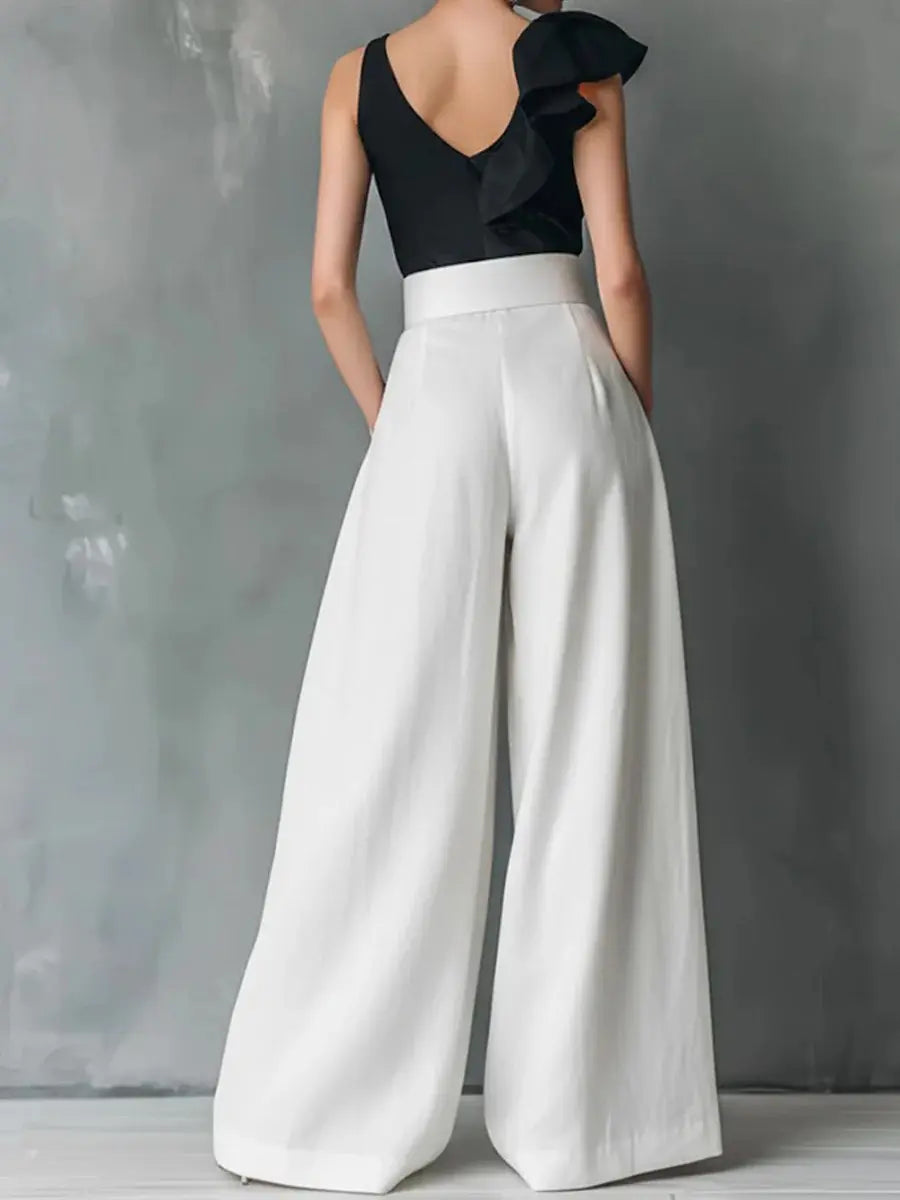 Vue de profil du pantalon palazzo femme blanc SecretBombe