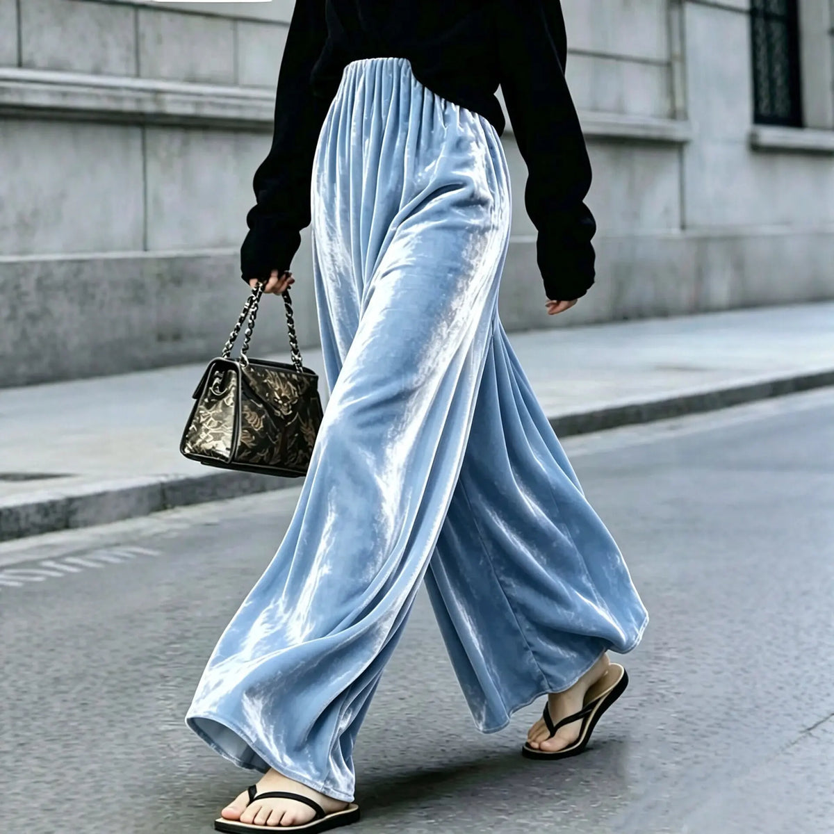 Pantalon palazzo femme bleu clair en velours SecretBombe