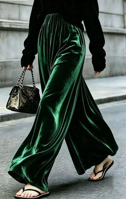 Pantalon palazzo femme vert en velours à coupe fluide SecretBombe