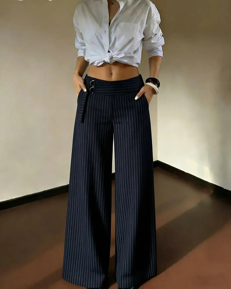 Pantalon femme bleu marine à rayures verticales et taille haute SecretBombe