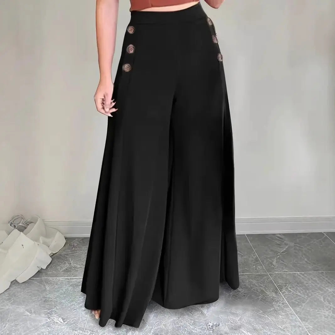 Pantalon palazzo femme noir à boutons décoratifs SecretBombe