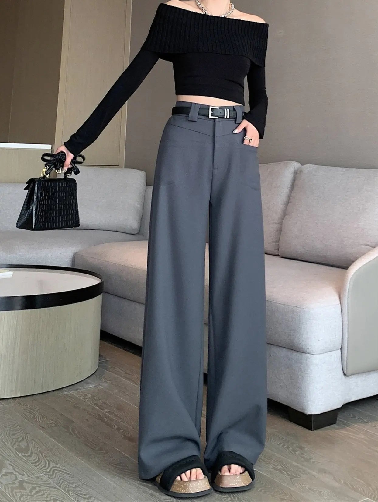 Pantalon femme coupe large gris  confortable et moderne - SecretBombe