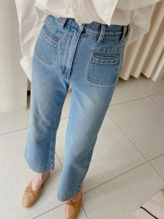 Pantalon urbain décontracté femme bleu, coupe droite taille haute avec effet délavé tendance