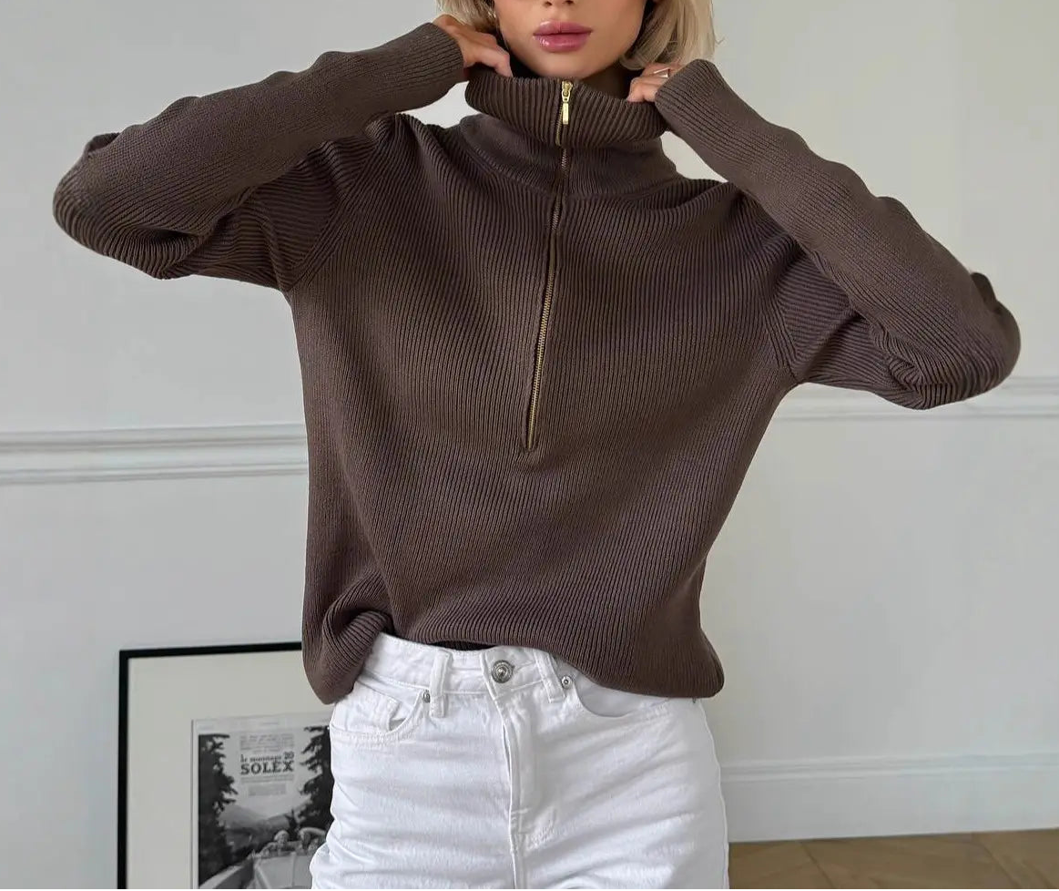Pull femme marron col zippé en coton style street européen – secretbombe