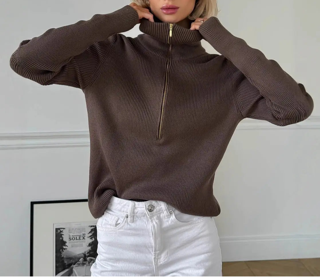 Pull femme maille côtelée col montant zippé tendance – secretbombe