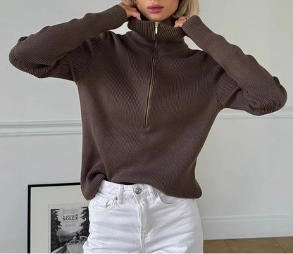 Pull femme maille côtelée col montant zippé tendance – secretbombe