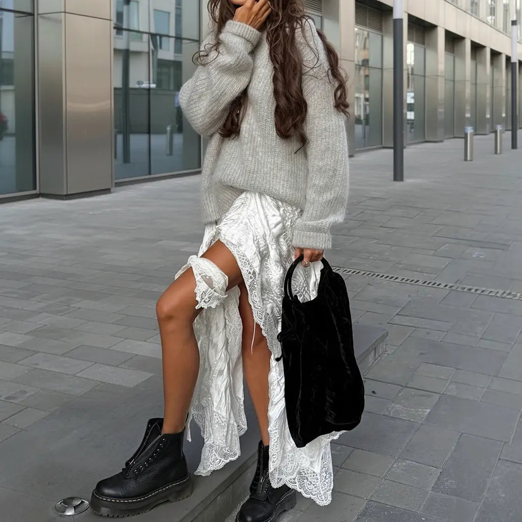 Pull oversize gris femme style street fashion – SecretBombe