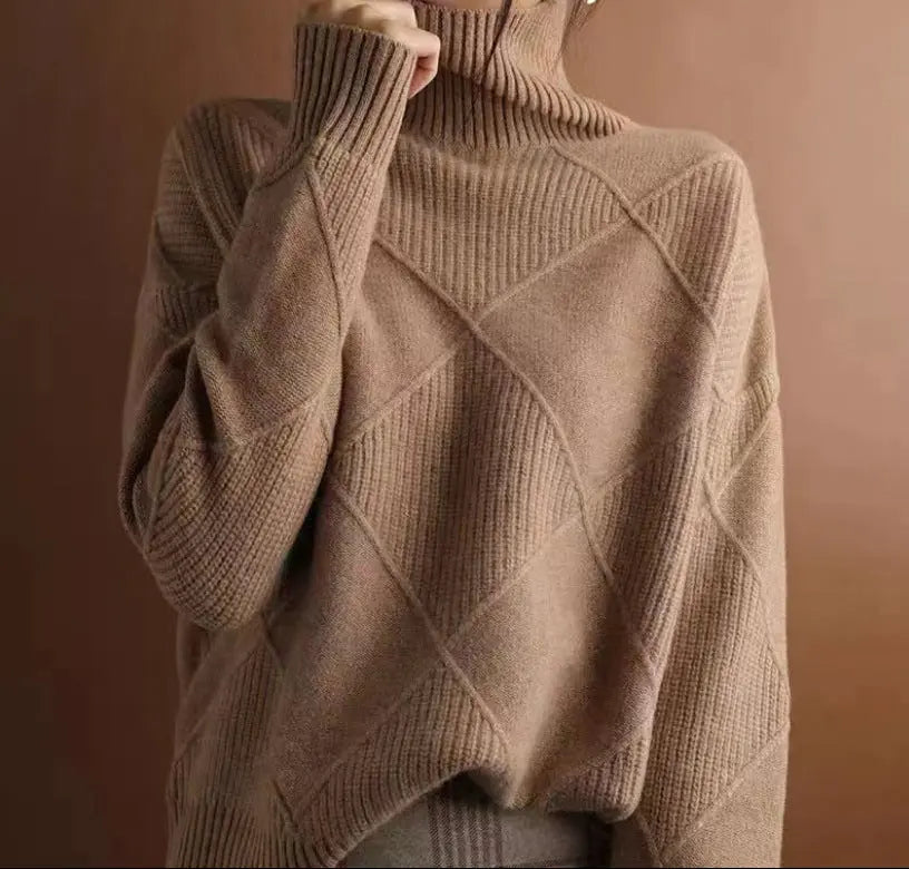 Pull col roulé oversize marron SecretBombe, coupe ample et élégante pour automne-hiver