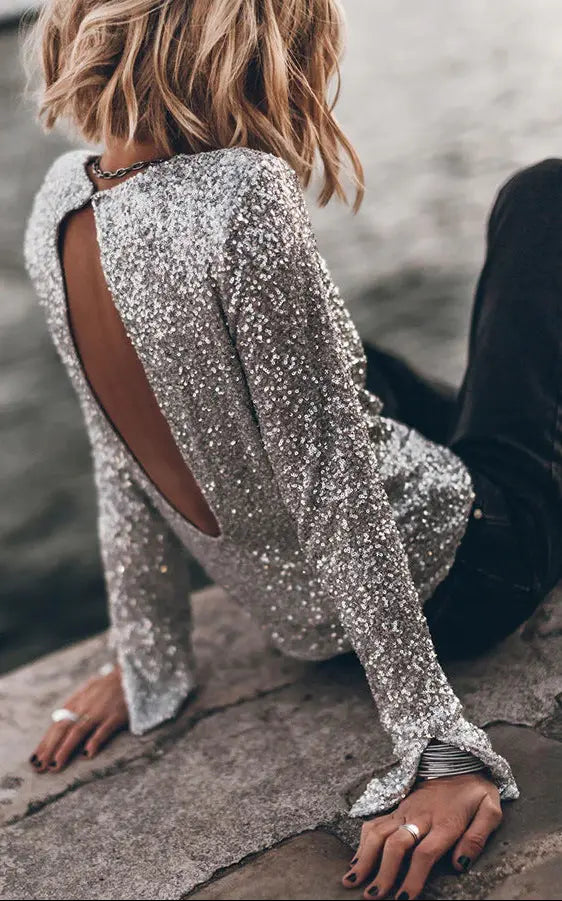 Pull-over femme chic noir et argent style européen élégant – SecretBombe