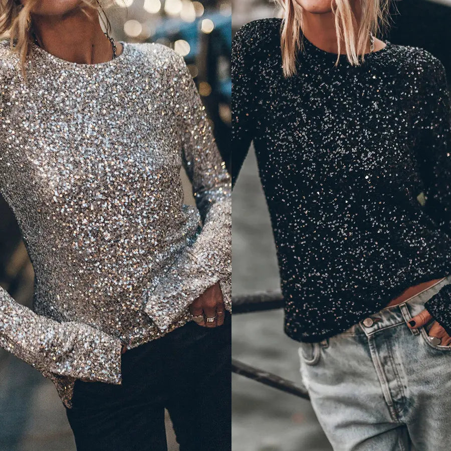 Pull paillettes femme style européen chic noir élégant et confortable – SecretBombe