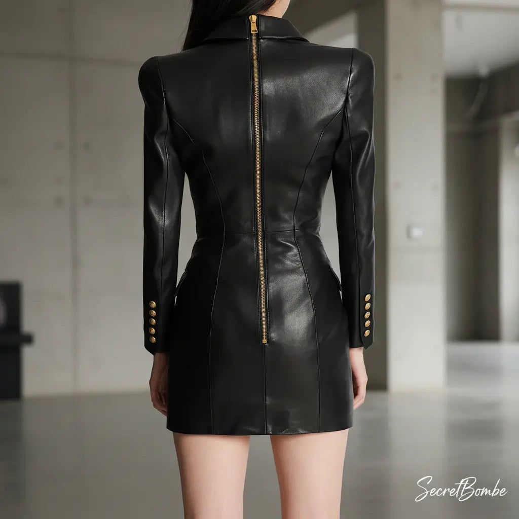 Robe-blazer noire en cuir végan style urbain street chic, look sophistiqué – secretbombe