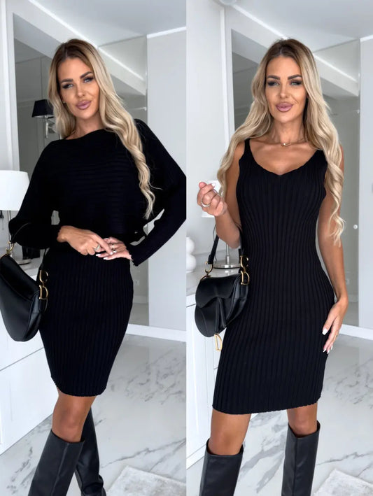 Robe en maille côtelée noire 2-en-1 chic et décontractée pour femme