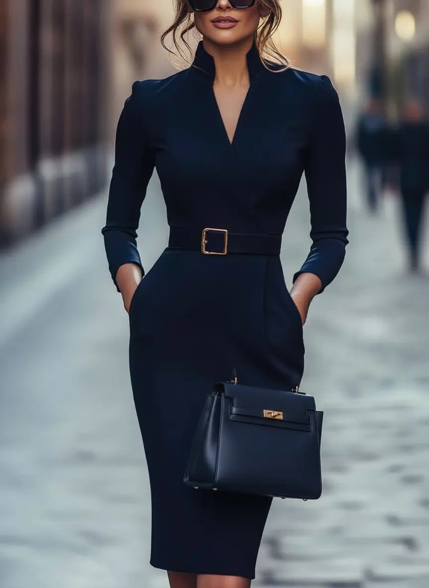 Robe crayon bleu marine avec ceinture SecretBombe, look tendance magazine