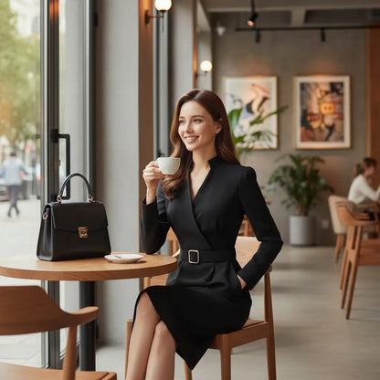 Robe crayon femme SecretBombe, mannequin souriante style bureau professionnel