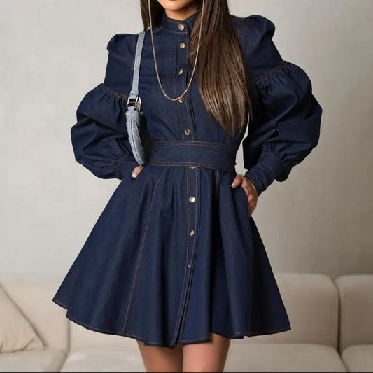 Robe femme en denim chic style bureau avec ceinture – secretbombe