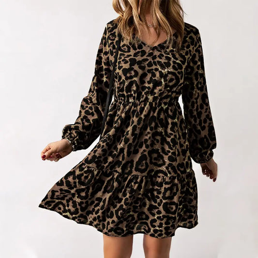 Robe imprimé léopard pour femme, coupe large et taille haute, manches longues à volants