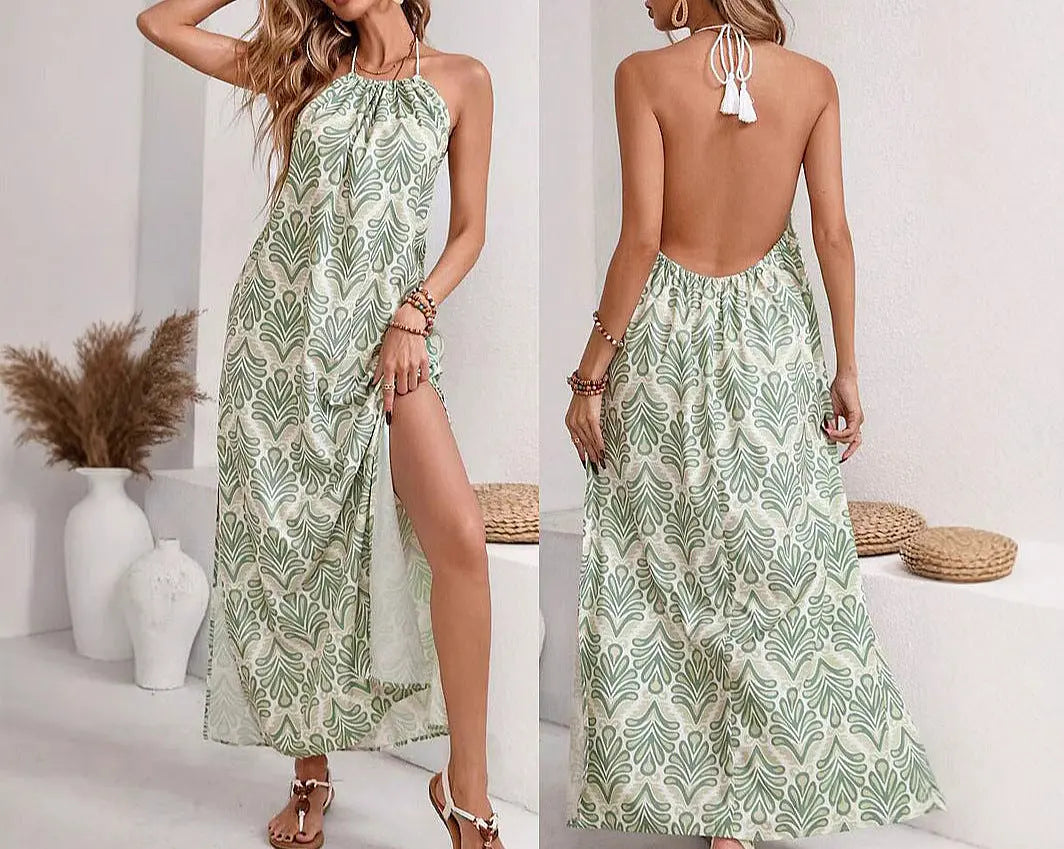 Robe longue d’été bohème imprimé, tissu doux et brillant pour confort et style.