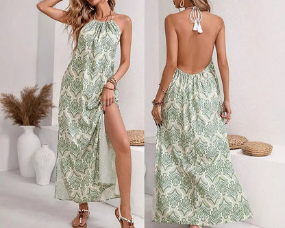 Robe longue d’été bohème imprimé, tissu doux et brillant pour confort et style.