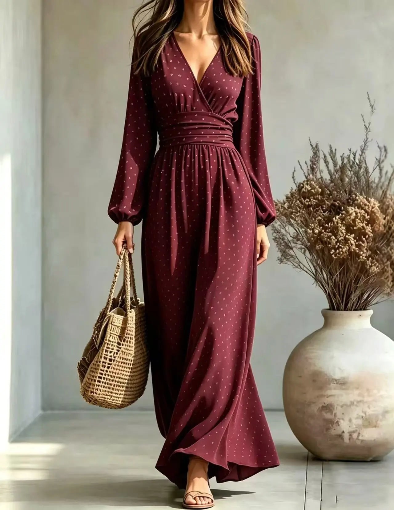 Robe longue bordeaux femme avec décolleté en V et manches longues SecretBombe