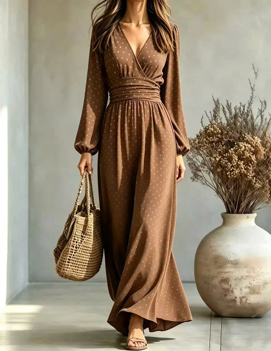Robe longue marron femme chic à manches longues avec taille cintrée SecretBombe
