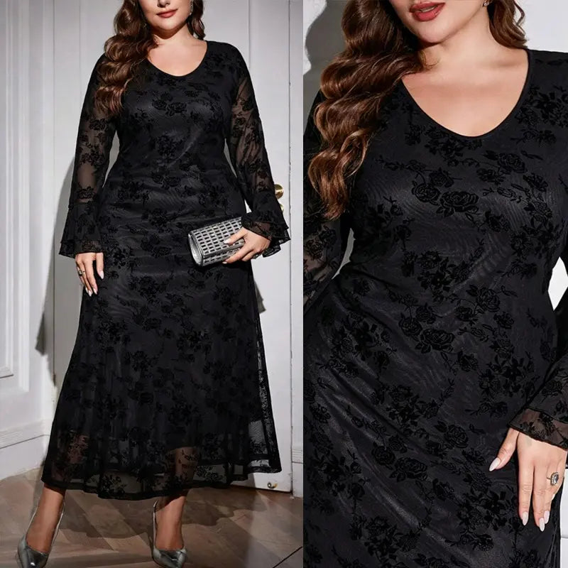 Robe longue noire en dentelle grande taille femme SecretBombe