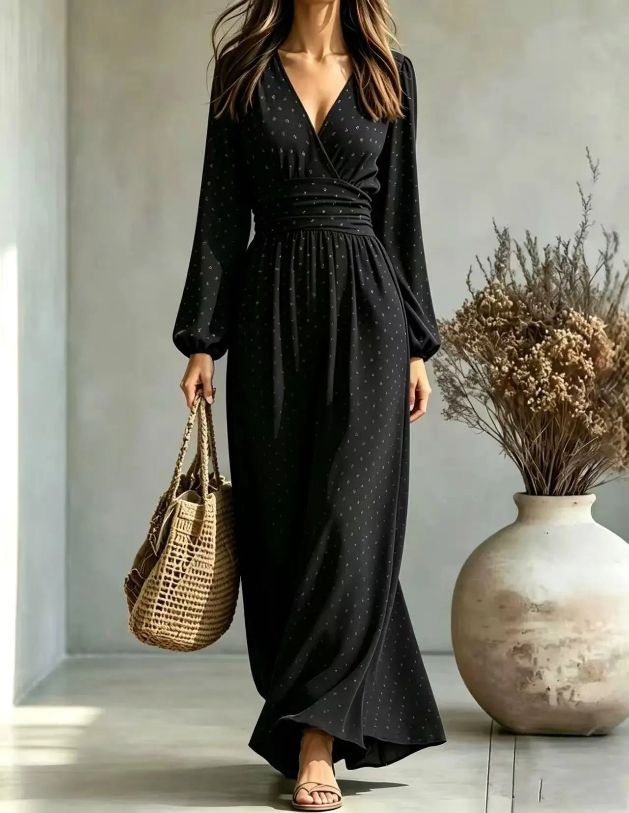 Robe longue noire femme chic à manches longues et coupe élégante SecretBombe