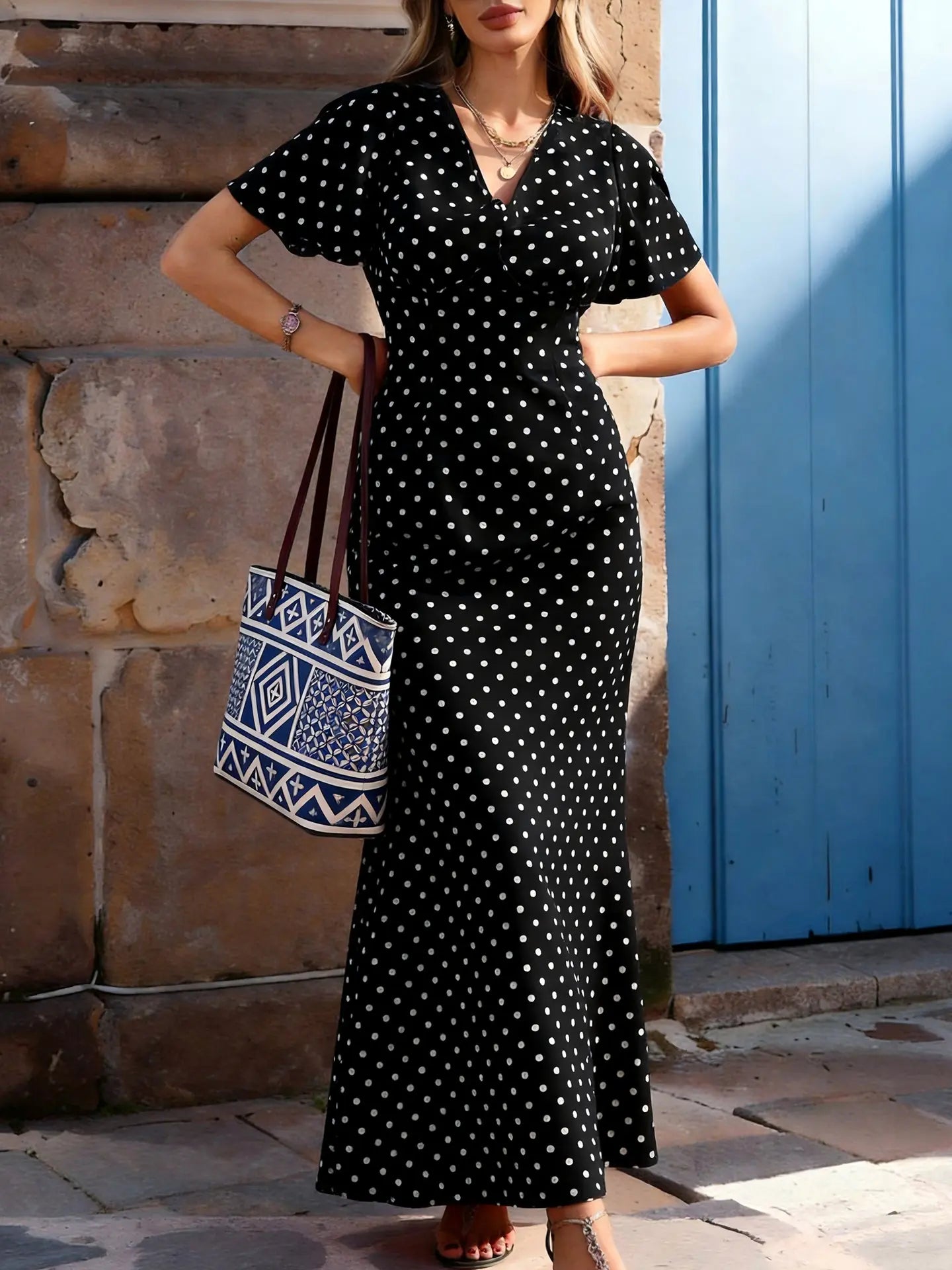 Robe noire longue à pois avec manches papillon et coupe fluide