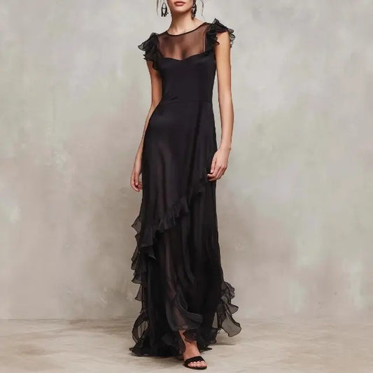 Robe longue noire à volants élégante pour femme – SecretBombe