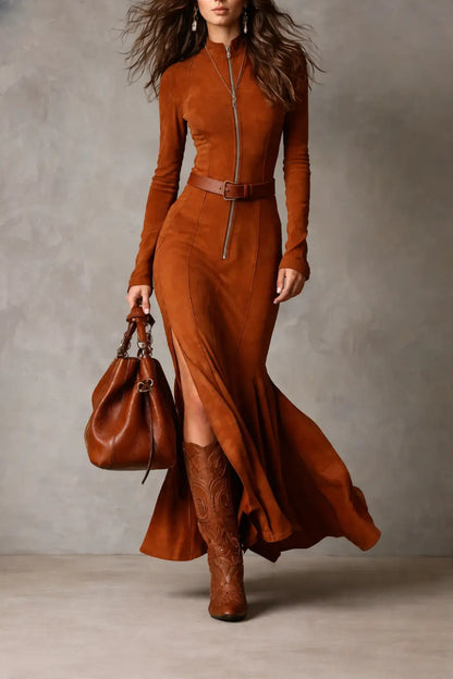 Robe longue taille haute marron élégante pour femme – SecretBombe