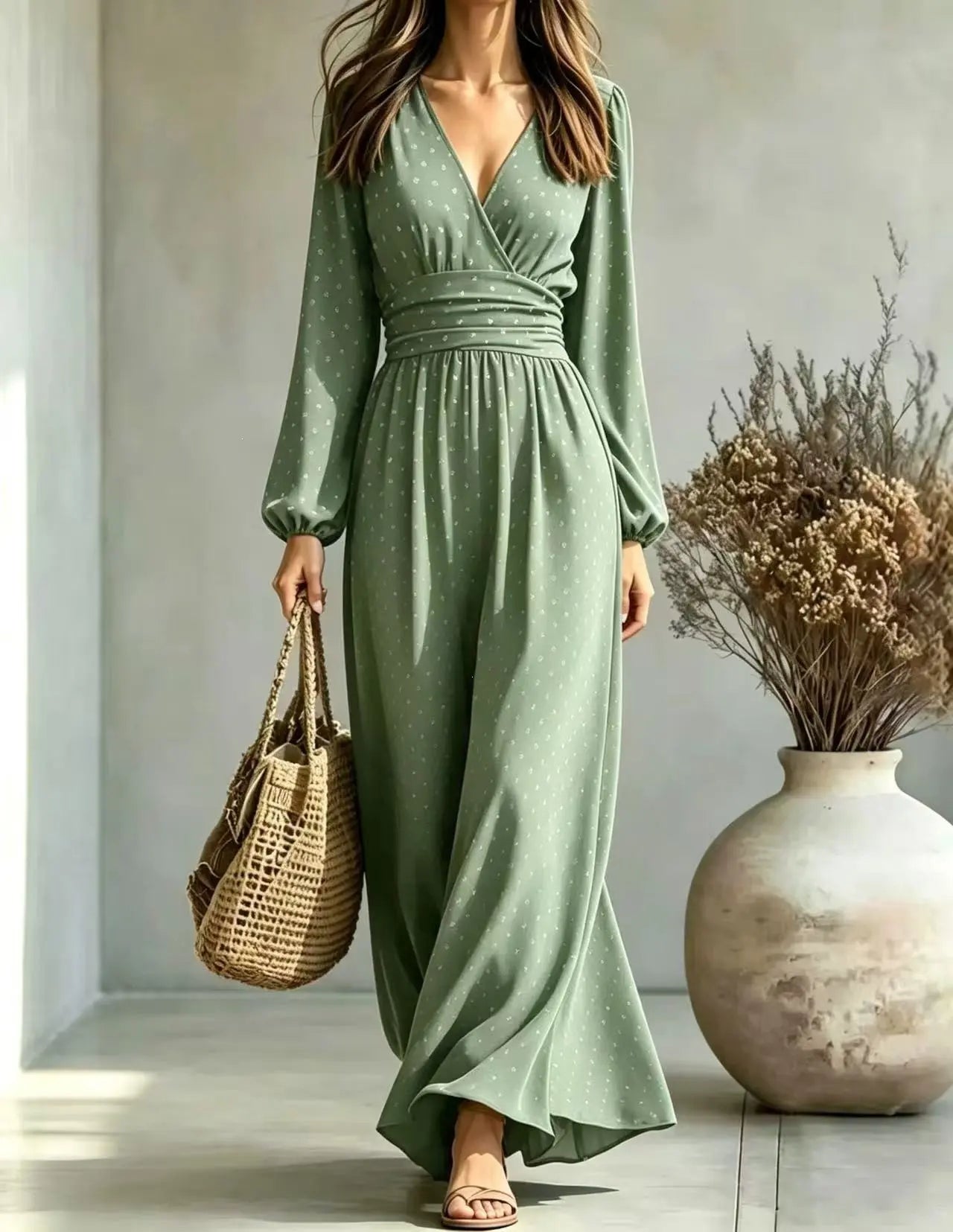 Robe longue verte femme élégante à manches longues et coupe fluide SecretBombe