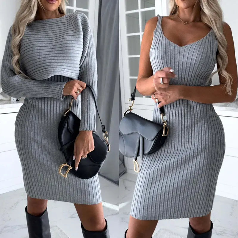 Robe courte en maille côtelée à manches longues pour un look raffiné