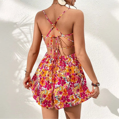 Robe florale bohème noire courte avec dos nu et bretelles fines croisées